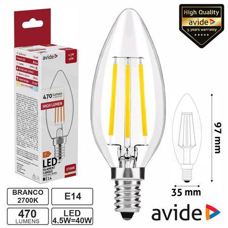 Lâmpada LED E14 Vela Filamento 4.5W 230V 2700K 470lm AVIDE