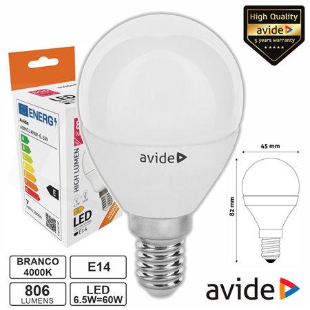 Lâmpada LED E14 Globo G45 6.5W 230V 4000K 806lm AVIDE