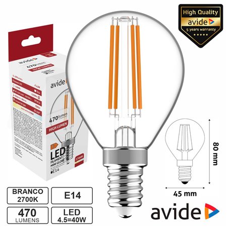 Lâmpada LED E14 Globo Filamento 4.5W 230V 2700K 470lm AVIDE