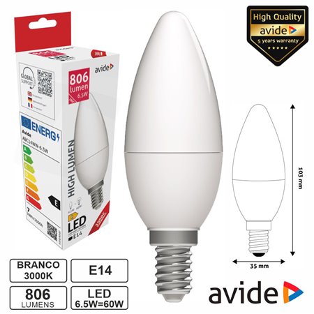 Lâmpada LED E14 Vela 6.5W 230V 3000K 806lm AVIDE