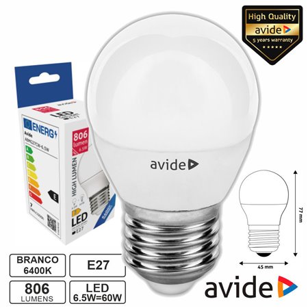 Lâmpada LED E27 Globo G45 6.5W 230V 6400K 806lm AVIDE