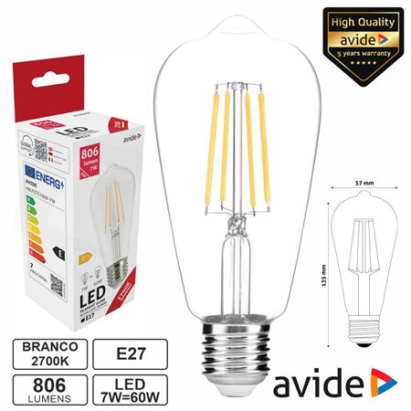 Lâmpada LED E27 ST57 Filamento 7W 230V 2700K 806lm AVIDE