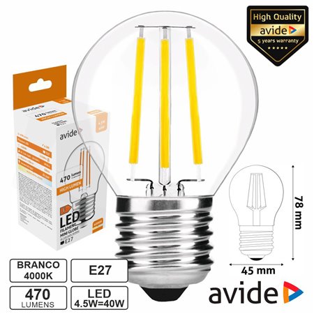 Lâmpada LED E27 Globo Filamento 4.5W 230V 4000K 470lm AVIDE