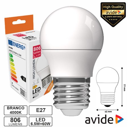 Lâmpada LED E27 Globo G45 6.5W 230V 4000K 806lm AVIDE