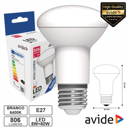 Lâmpada LED E27 R63 8W 230V 6400K 806lm AVIDE