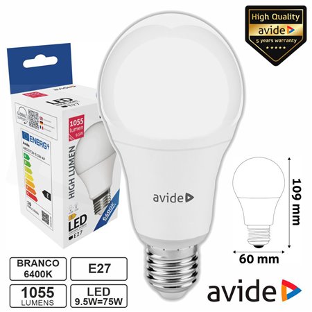 Lâmpada LED E27 Globo A60 9.5W 230V 6400K 1055lm AVIDE