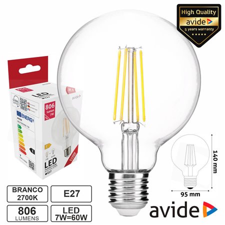 Lâmpada LED E27 Globo Filamento 7W 230V 2700K 806lm AVIDE