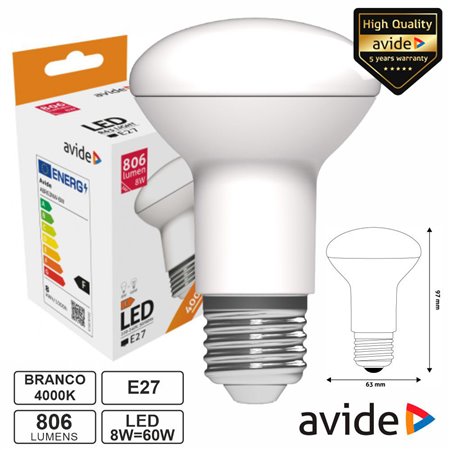 Lâmpada LED E27 R63 8W 230V 4000K 806lm AVIDE