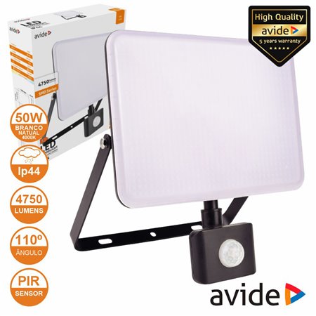 Foco LED 50W 230V C/ Sensor 4000K 4750lm Preto IP44 AVIDE