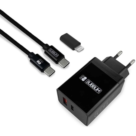 CARREGADOR ULTRA RÁPIDO SUBBLIM 2xUSB PAREDE PD25W+QC3.0+Cabo C a C e Lightning Preto