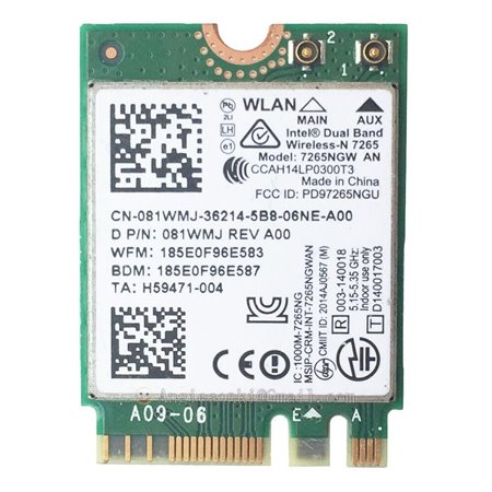 Cartão Intel Dual Band 7265Ngw 802.11AnWiFi + Bluetooth 4.0 para Portatil HP Wlan 756748-001