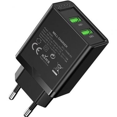 Carregador de Parede Vention FBAB0-EU/ 2xUSB/ 18W/ Preto