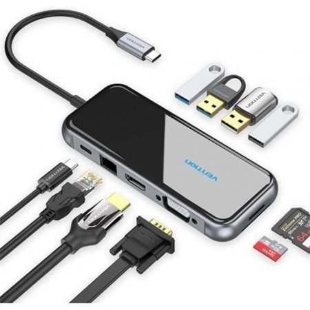 Docking USB Tipo-C Vention TFGHB/ 1xVGA/ 1xHDMI/ 4xUSB/ 1xUSB Tipo-C PD/ 1xRJ45/ 1xLeitor Placas SD/ Cinza