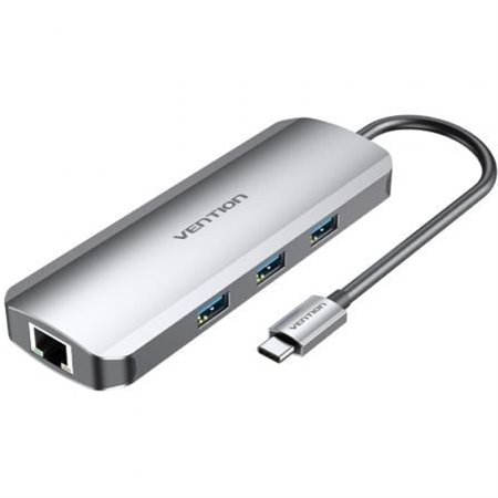 Docking USB Tipo-C Vention TOLHB/ 1xHDMI/ 3xUSB/ 1xUSB Tipo-C PD/ 1xRJ45/ 1xLeitor Placas SD/ 1x MicroSD/ Jack 3.5/ Cinza