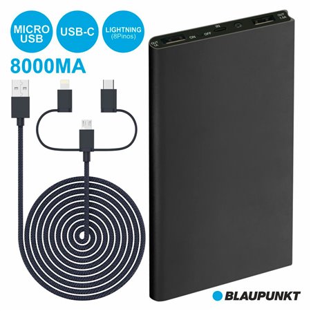 Powerbank 8000Ma c/ 3 Fichas e Cabo Preto Blaupunkt