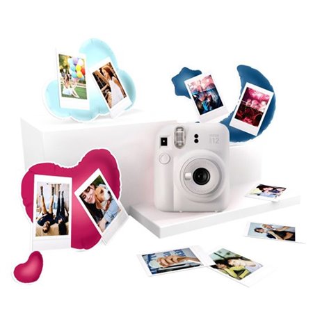 Kit câmera Fujifilm instax mini 12 argila branca + papel 10 fotos + 3 porta retratos