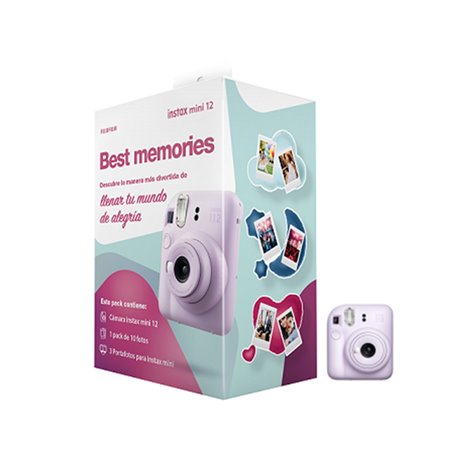 Kit de câmera Fujifilm instax mini 12 roxo + papel 10 fotos + 3 porta-retratos