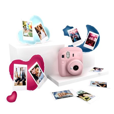 Kit de câmera Fujifilm instax mini 12 rosa pastel + papel 10 fotos + 3 porta-retratos