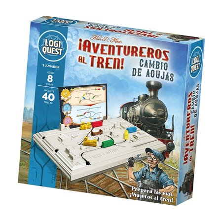 Aventureiros do jogo de tabuleiro Logiquest no trem! idade recomendada 8 anos