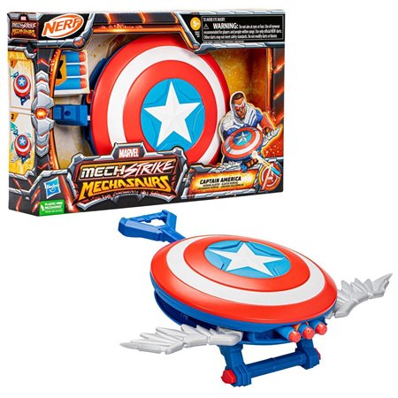 Hasbro nerf marvel mech strike mechasaurs capitão américa lançador com asa vermelha