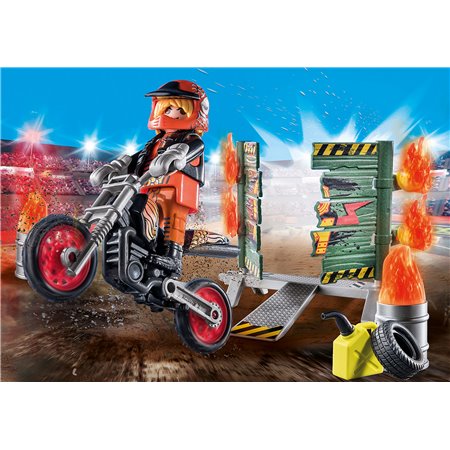 Playmobil starter pack dublê de motocicleta com parede de fogo