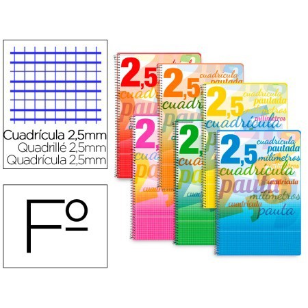 Bloc Espiral Tapa Cartoncillo Folio 80 Hojas Cuadriculado Pautado 2,5 Mm 70 Grs Con Margen Colores