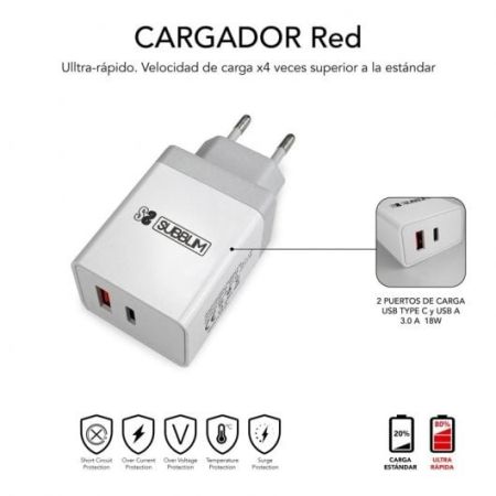 CARREGADOR ULTRA RÁPIDO SUBBLIM 2xUSB PAREDE PD25W+QC3.0+Cabo C a C e branco relâmpago