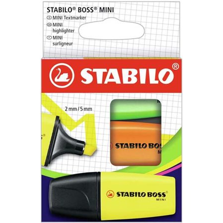 Stabilo Boss Mini Pacote de 3 Marcadores Fluorescentes - Linha entre 2 e 5mm - Tinta à Base de Água - Anti-ressecamento - Cores 