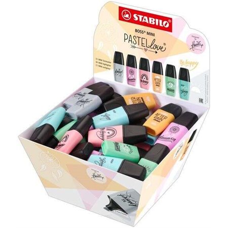 Display Stabilo Boss Mini Pastellove com 50 Marcadores Fluorescentes - Linha entre 2 e 5mm - Tinta à Base de Água - Anti-resseca