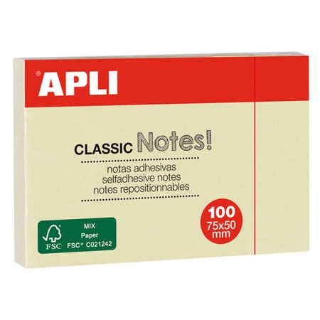 Apli Classic Sticky Notes 75x50mm Pad 100 Folhas - Adesivo de qualidade - Fácil de descascar - Ideal para lembretes - Amarelo