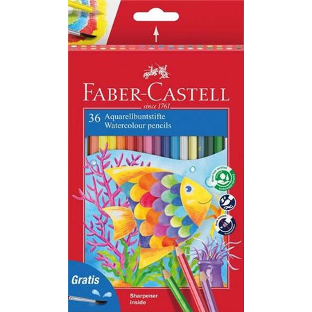 Lápis aquarela Faber-Castell Classic Color Pacote de 36 lápis aquarela hexagonais + pincel - Resistência à quebra - Cores sortid