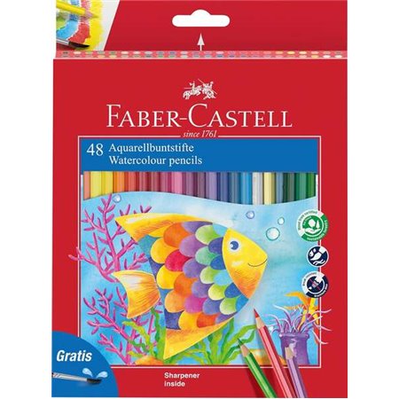 Lápis aquarela Faber-Castell Classic Color Pacote de 48 lápis aquarela hexagonais + pincel - Resistência à quebra - Cores sortid