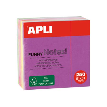 Apli Funny Sticky Notes 51x51mm Mini-Cube 250 Folhas - 5 Cores Fluorescentes Sortidas - Divertido e Prático