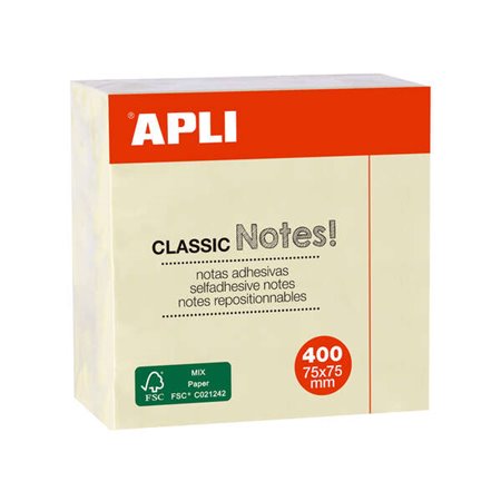 Apli Classic Sticky Notes 75x75mm - Cubo de 400 Folhas - Adesivo de Qualidade - Fácil de Descascar - Amarelo