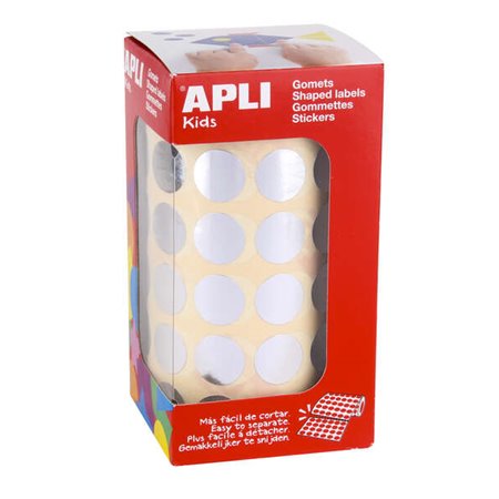 Apli Gomets Redondos Prata Metálico Ø 15mm - 59 Folhas Pré-Perfuradas - 2832 Gomets por Rolo - Desenvolve Habilidades Psicomotor