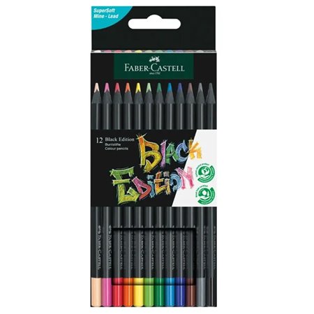 Pacote de 12 lápis de cor Faber-Castell Black Edition - Chumbo supermacio - Madeira preta - Ideal para desenhar em papéis claros