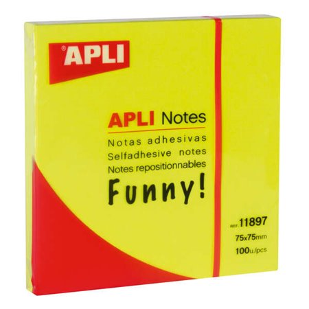 Apli Funny Sticky Notes 75x75mm - Bloco de 100 folhas - Adesivo de qualidade - Fácil de descascar - Cor amarela fluorescente