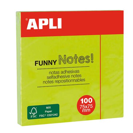 Apli Funny Sticky Notes 75x75mm - Bloco de 100 folhas - Adesivo de qualidade - Fácil de descascar - Cor verde fluorescente