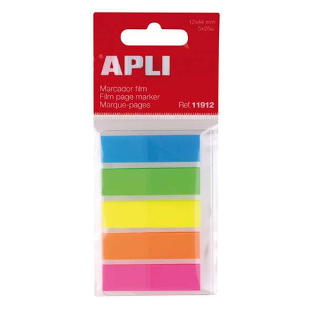 Filme de Índices Adesivos Apli 45x12mm 5 Cores Fluorescentes - 25 Índices por Cor - Fácil de Colar e Descascar - Ideal para Marc