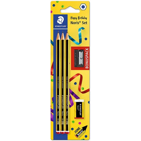 Staedtler Noris 120 Pacote de 3 lápis de grafite hexagonais + borracha + apontador - Chumbo HB ultrarresistente de 2 mm - Madeir