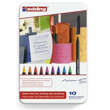 Caixa de Metal Edding 1200 com 10 Marcadores - Ponta Redonda - Linha 1mm - Tinta à Base de Água