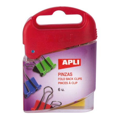 Pinça Dobrável Apli 19mm - Aço Temperado - Cabos Niquelados - Cores Sortidas - Caixa com 6 - Comporta até 50 Folhas