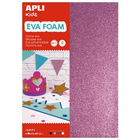 Apli Glitter Eva Borracha A4 4 Folhas - Branco, Preto, Vermelho e Azul - Ideal para Artesanato e Decoração