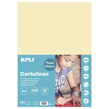 Apli Pacote de 50 Cartolinas A4 170g - Sem Ácido - Adequado para Uso Escolar - Cor Marfim