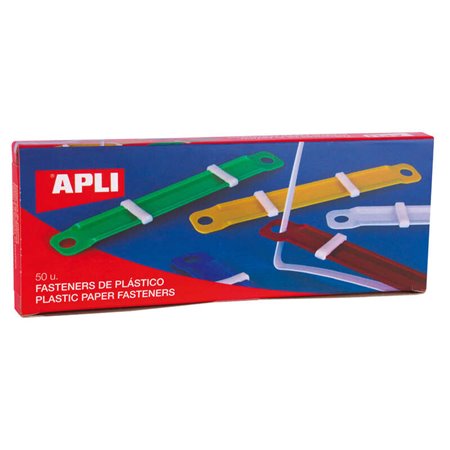 Apli Pacote de 50 Fixadores Plásticos com Aba - Tamanho 90x12mm - Fecho Compressor - Ideal para Organizar Papel - Cores Sortidas