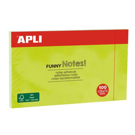 Apli Funny Sticky Notes 125x75mm - Bloco de 100 folhas - Adesivo de qualidade - Fácil de descascar - Cor verde fluorescente