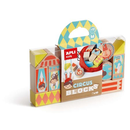 Conjunto de blocos de madeira empilháveis modelo Apli Circus - 16 peças com bolsa de pano - Pinho de alta qualidade com impressã