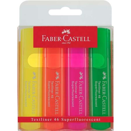 Faber-Castell Textliner 46 Pacote Superfluorescente de 4 Marcadores Fluorescentes - Ponta Cinzel - Linha entre 1mm e 5mm - Tinta