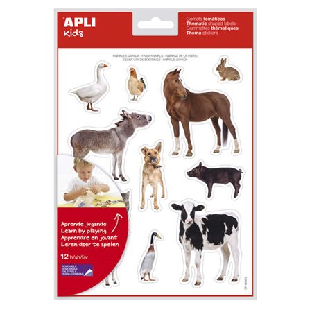 Apli Realistic Themes Gomets Farm Animals - 144 Gomets em 12 folhas - Adesivo removível - Ideal para desenvolver habilidades mot