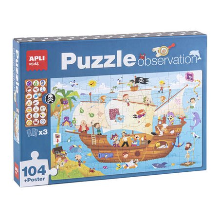 Quebra-cabeça de observação do navio pirata Apli Kids - 104 peças de 5x5 cm - pôster em tamanho real - fichas com objetos - desi